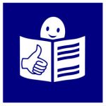 Logo europeo de lectura fácil. Aparece un personaje leyendo un documento y una mano con el dedo índice hacia arriba