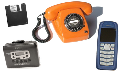 disquete, walkman, teléfono de disco y teléfono Nokia antiguo